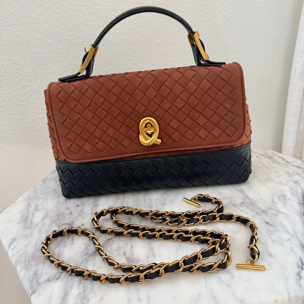 Brown Black Two-Tone Woven Leather Top Handle Crossbody Chain Strap Bag - Picture 3 of 14